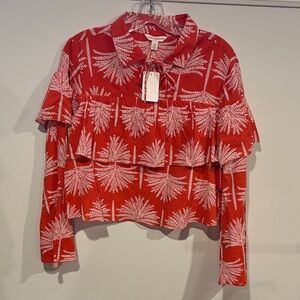 LUCKY BRAND Women’s Red Tropical-Print Ruffle Long Wide Sleeve Top Size Small